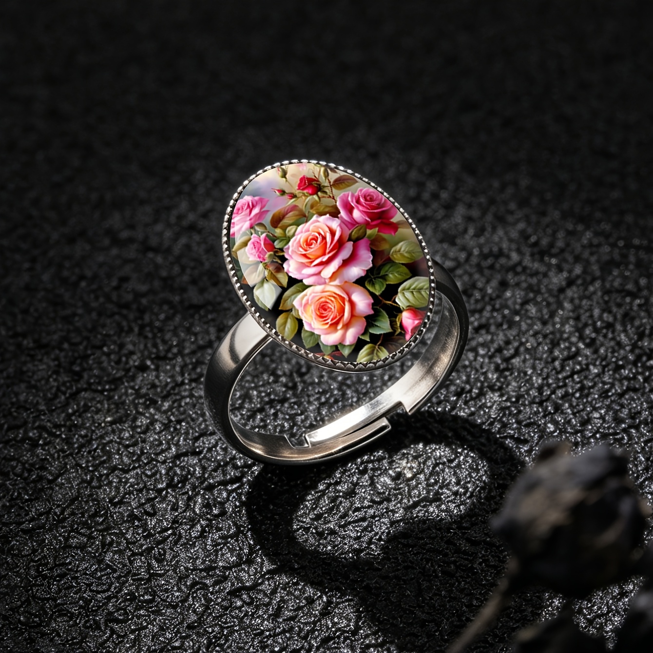 Women's Romantic Floral Pink Rose Pattern Stainless Steel Open Ring